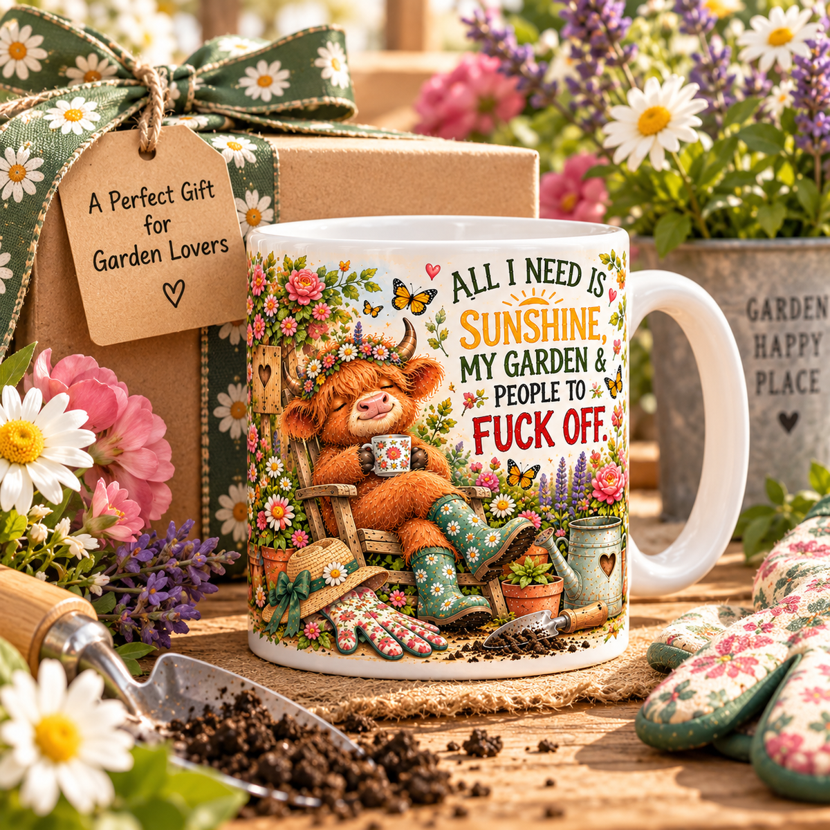 Funny Highland Cow Gardening Mug & Garden Sign – Rustic Garden Gifts | TYII™