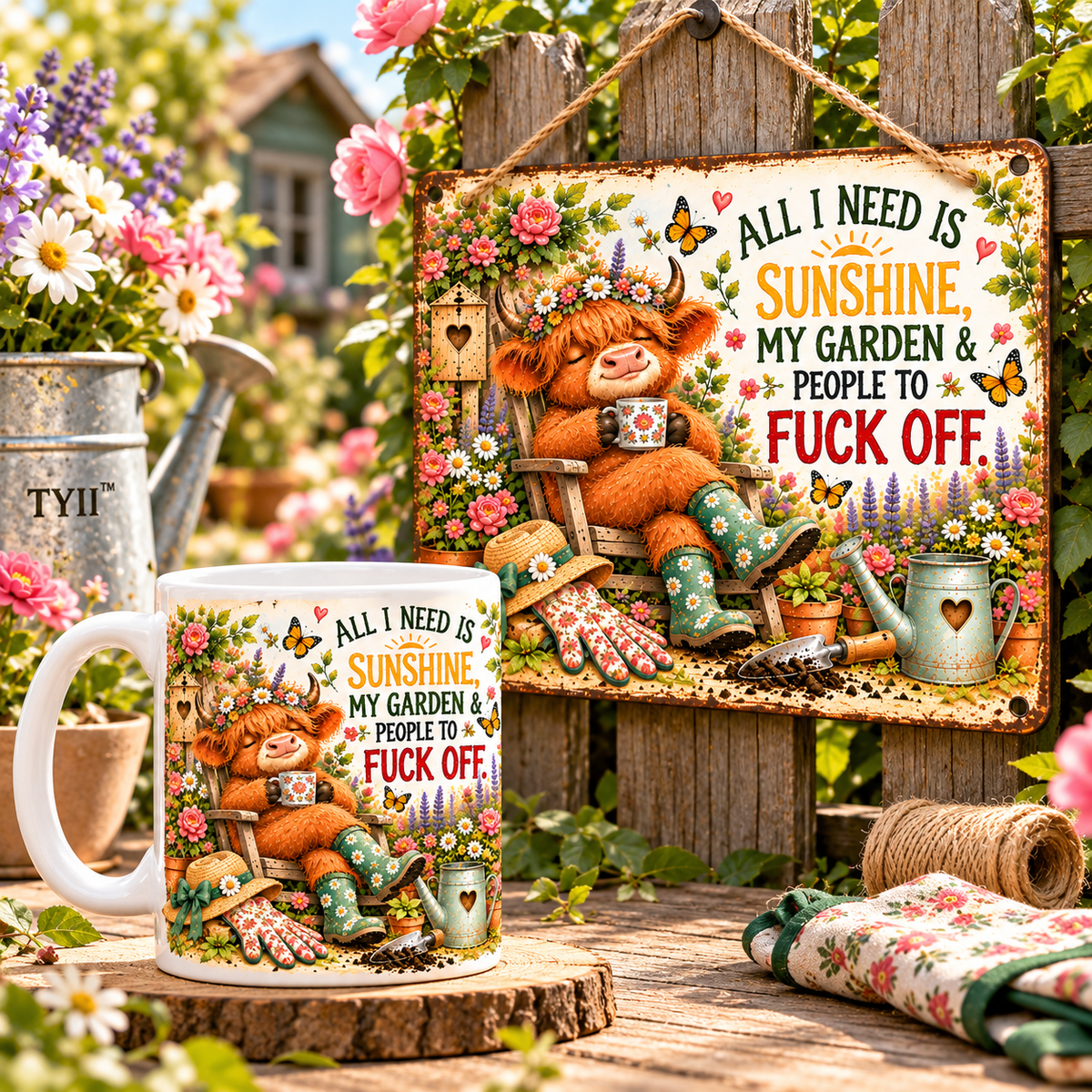 Funny Highland Cow Gardening Mug & Garden Sign – Rustic Garden Gifts | TYII™