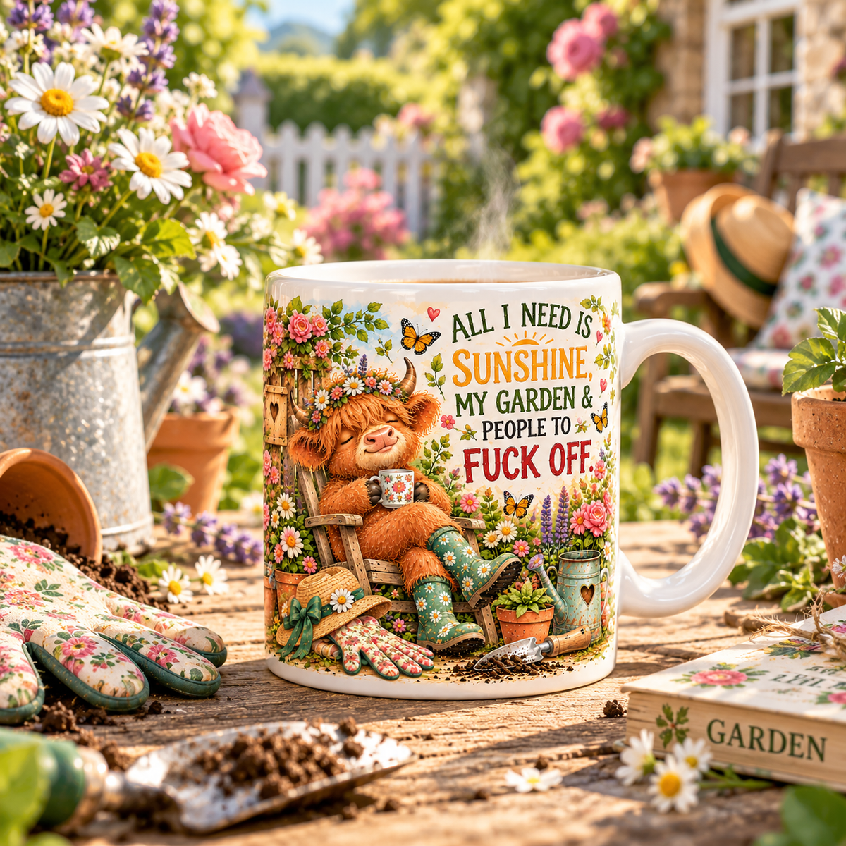 Funny Highland Cow Gardening Mug & Garden Sign – Rustic Garden Gifts | TYII™