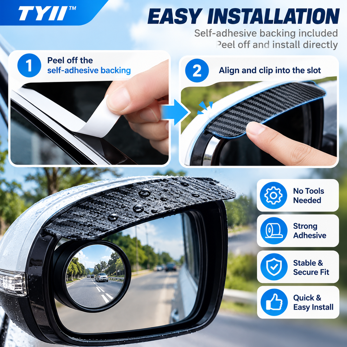 TYII™ 2-in-1 Rearview Mirror Rain Visor & 360° Blind Spot Mirror – Carbon Fiber Style, Universal Car Accessories