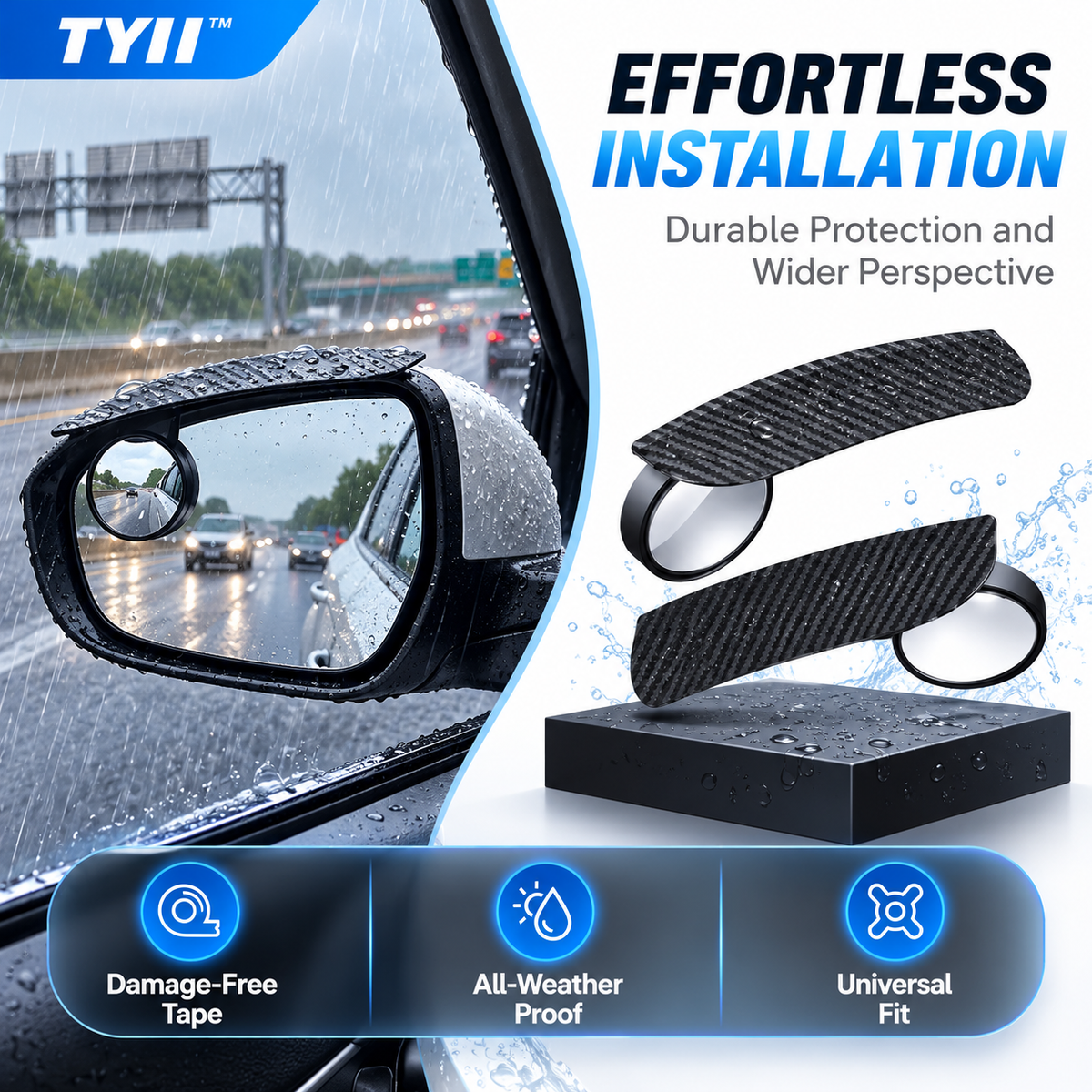 TYII™ 2-in-1 Rearview Mirror Rain Visor & 360° Blind Spot Mirror – Carbon Fiber Style, Universal Car Accessories