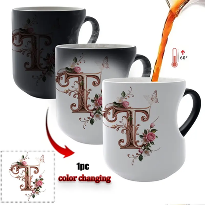 TYII™ Personalized Initial Color-Changing Mug – Heat-Reactive Floral Coffee Cup with Heart Handle, A–Z