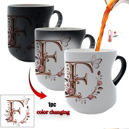 TYII™ Personalized Initial Color-Changing Mug – Heat-Reactive Floral Coffee Cup with Heart Handle, A–Z