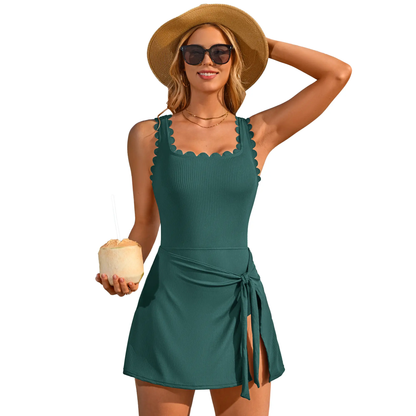 One-Piece Swim Dress – Scalloped Square Neck Tummy Control Swimsuit with Skirt