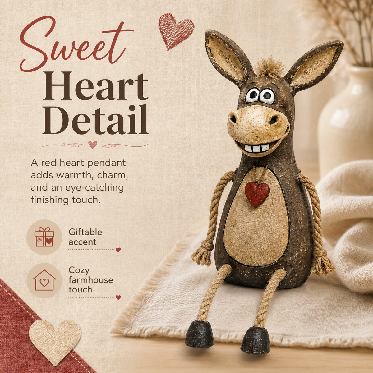 Cute Rustic Donkey Figurine with Hanging Rope Legs – Farmhouse Shelf & Home Decor