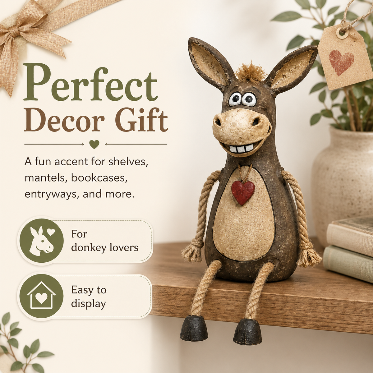 Cute Rustic Donkey Figurine with Hanging Rope Legs – Farmhouse Shelf & Home Decor