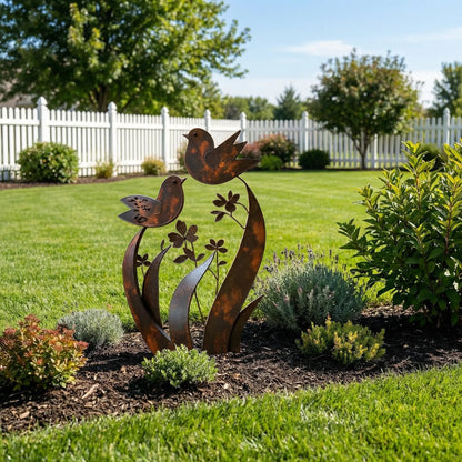 Bird & Wildflower Metal Garden Stake