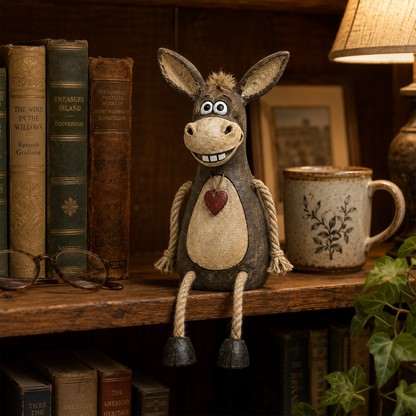 Cute Rustic Donkey Figurine with Hanging Rope Legs – Farmhouse Shelf & Home Decor