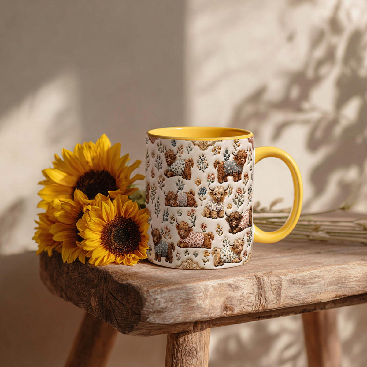 Highland Cow Floral Coffee Mug – Cute Farmhouse Cow Ceramic Cup, 11oz