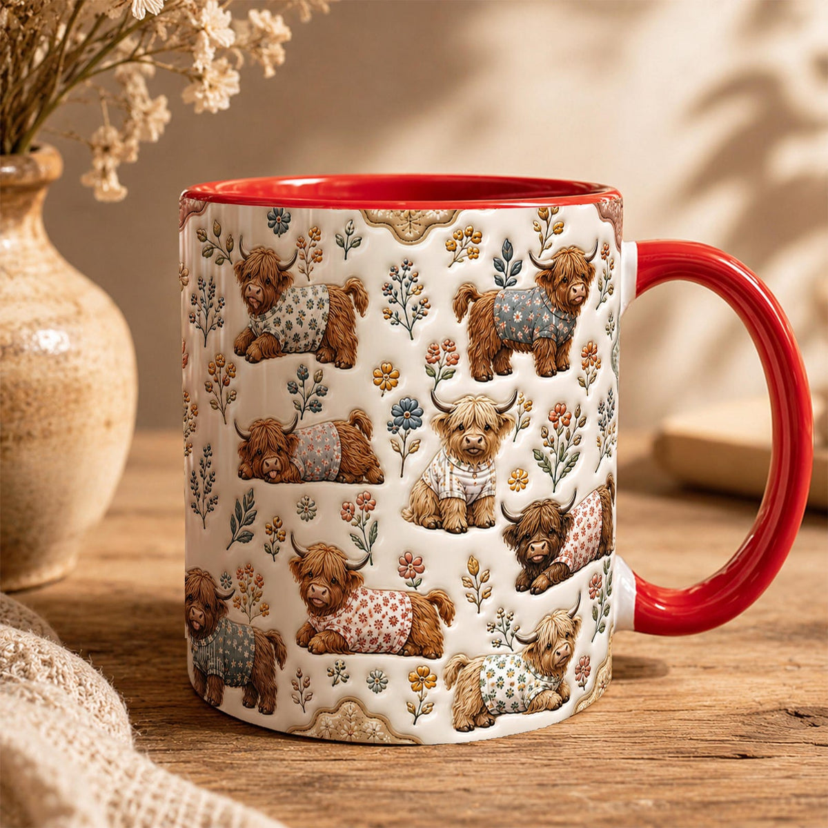 Highland Cow Floral Coffee Mug – Cute Farmhouse Cow Ceramic Cup, 11oz