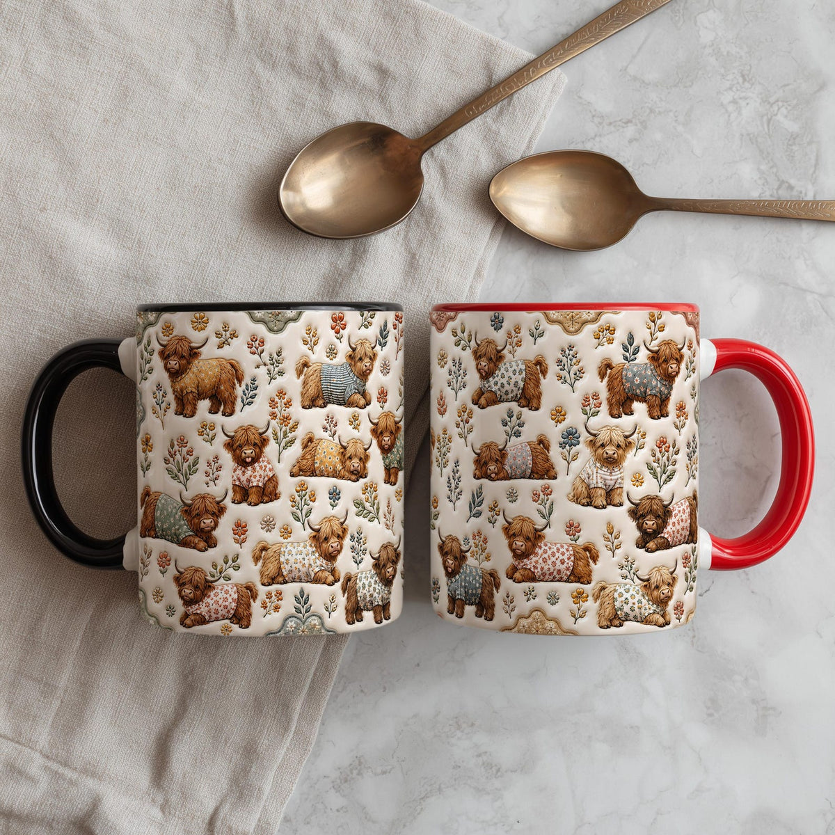 Highland Cow Floral Coffee Mug – Cute Farmhouse Cow Ceramic Cup, 11oz
