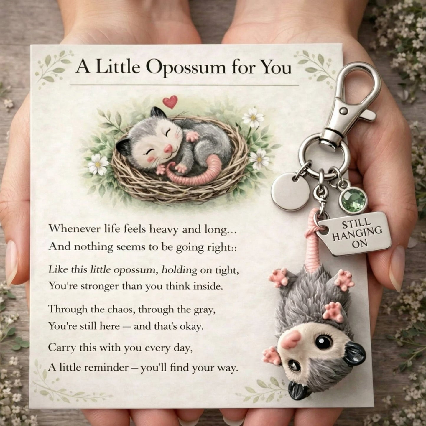 🐭A Little Opossum for You - "Still Hanging On" Keychain & Sentiment Card Set💕
