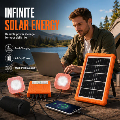 Portable Solar Power System with 2 LED Lights – Off-Grid Solar Generator Kit, Multi-Port Charging Station for Camping, Emergency & Outdoor Use