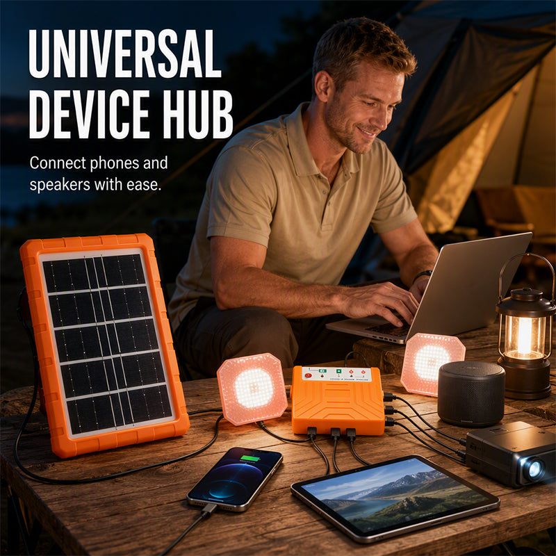 Portable Solar Power System with 2 LED Lights – Off-Grid Solar Generator Kit, Multi-Port Charging Station for Camping, Emergency & Outdoor Use