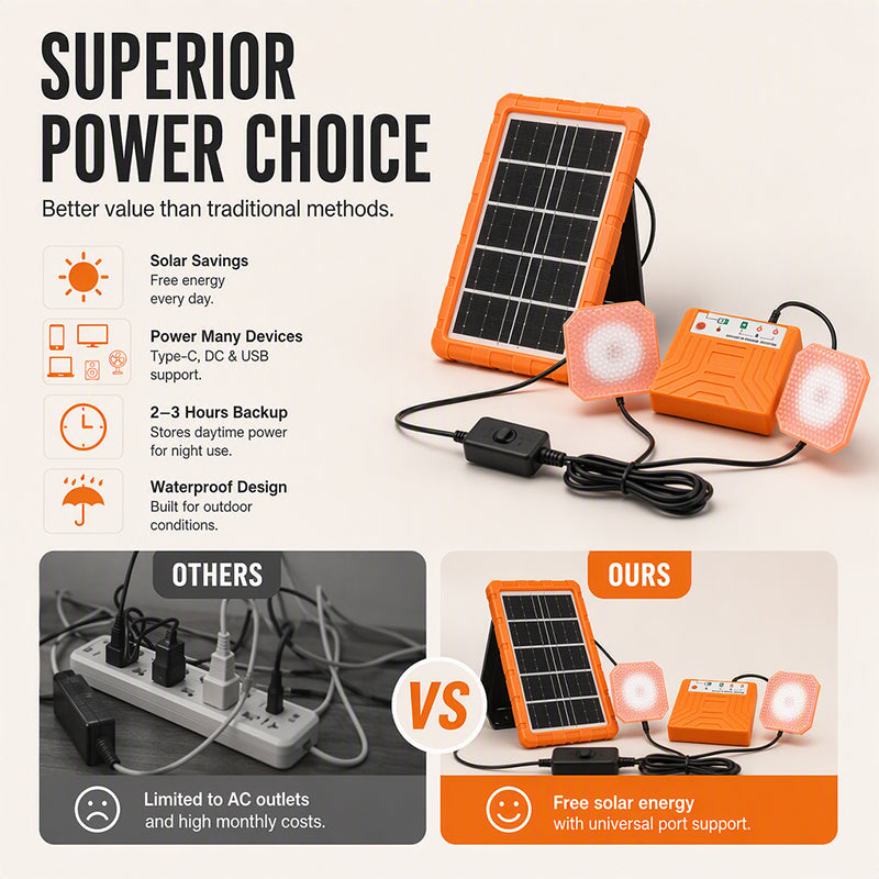 Portable Solar Power System with 2 LED Lights – Off-Grid Solar Generator Kit, Multi-Port Charging Station for Camping, Emergency & Outdoor Use