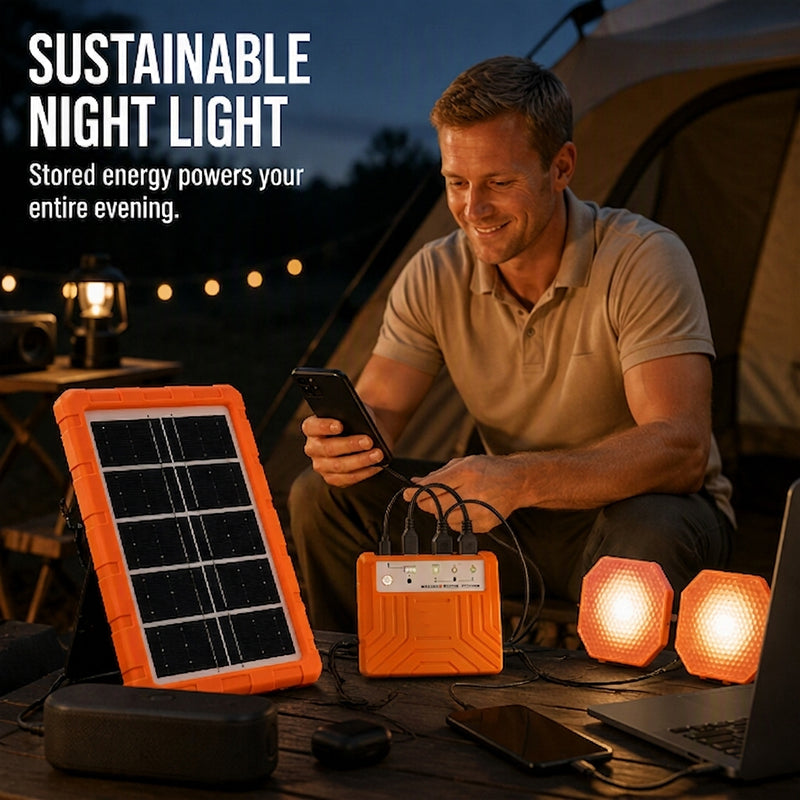 Portable Solar Power System with 2 LED Lights – Off-Grid Solar Generator Kit, Multi-Port Charging Station for Camping, Emergency & Outdoor Use