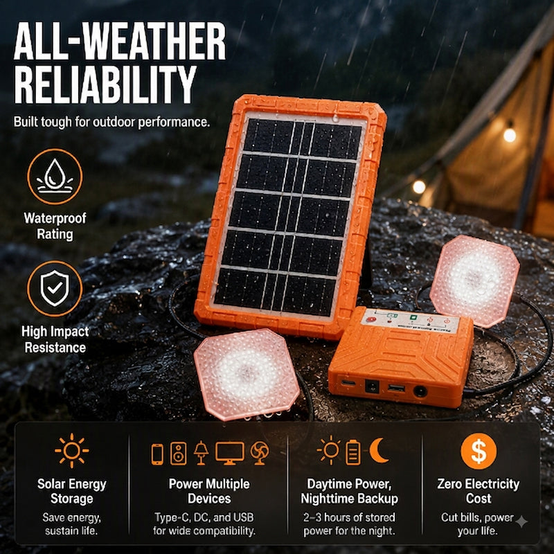 Portable Solar Power System with 2 LED Lights – Off-Grid Solar Generator Kit, Multi-Port Charging Station for Camping, Emergency & Outdoor Use